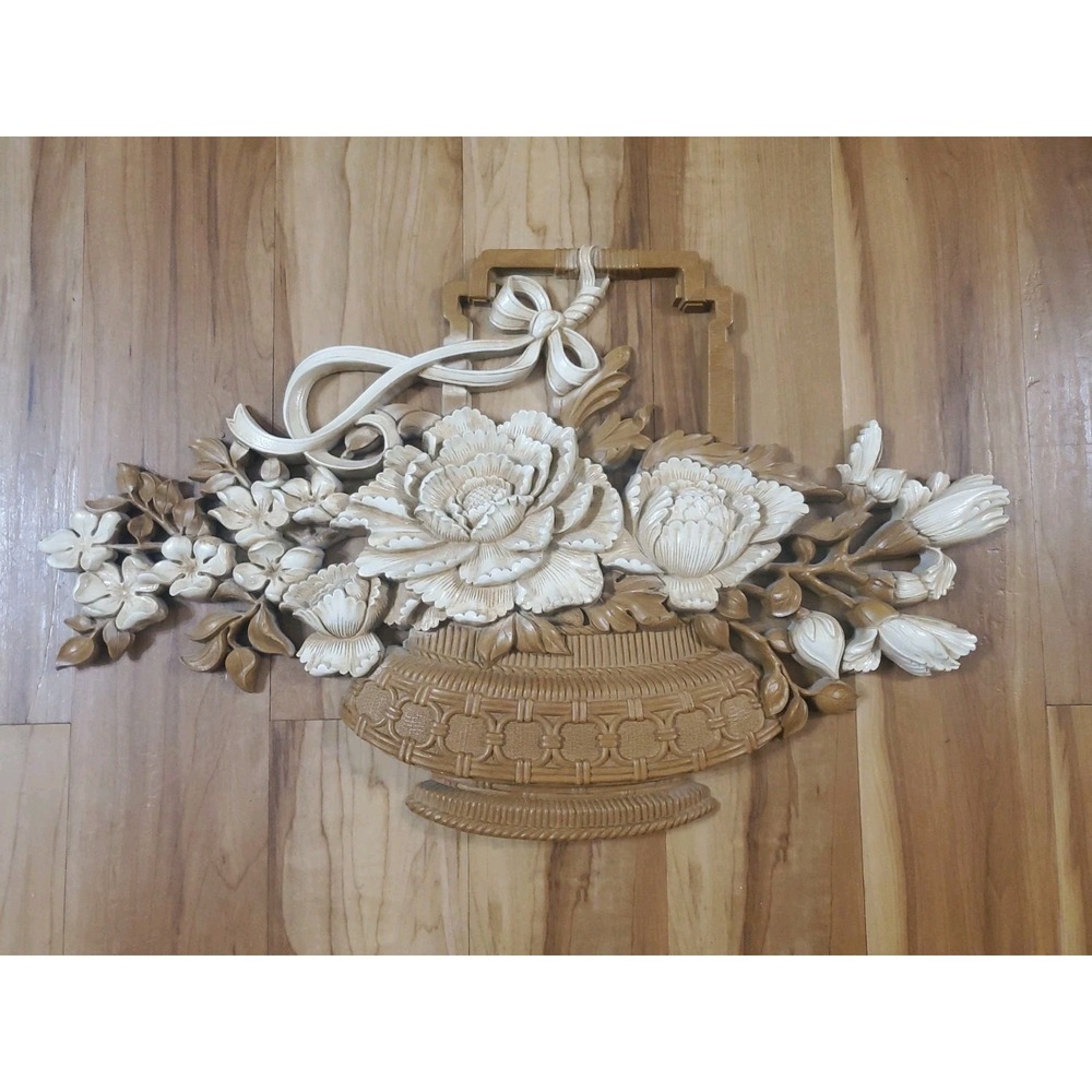 Vintage HOMCO Syroco USA Basket Of Flowers Wall Hanging #7605 Light Brown